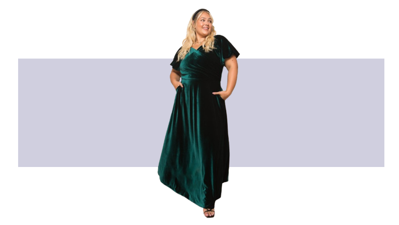 A green velvet maxi gown.