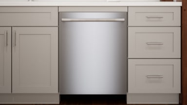 A shot of kitchen cabinetry with the Bosch dishwasher installed in the center