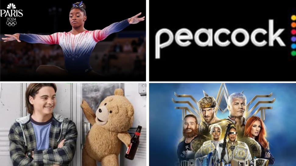 A collage of images from hit TV shows and live events next to the Peacock logo