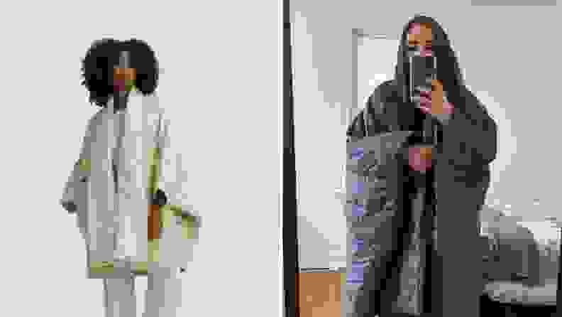 A split of a woman in a white robe and a woman taking a mirror selfie in a gray robe
