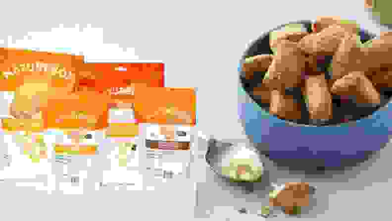 Left: A grouping of white and orange snack packages against a neutral off-white background. Right: A blue bowl holds honey dijon mustard pretzel bites with a few bites spilling onto a grey countertop, accompanied by a mustard-covered silver spoon.