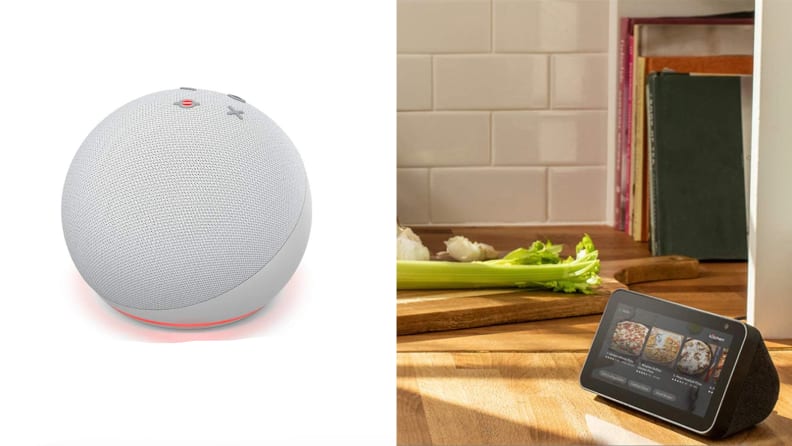 An Echo Dot (4th Gen) and an Echo Show 5 on a countertop, surrounded by vegetables, among the best 30th birthday gift ideas.