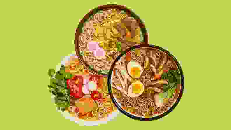 Three varieties of Immi Ramen are shown in bowls, prepped and ready to serve.