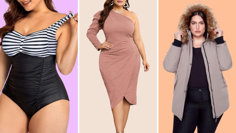 Collage of three plus size options: A black and striped bathing suit, a rose-colored one-shoulder midi dress, and a beige parka with faux fur hood.
