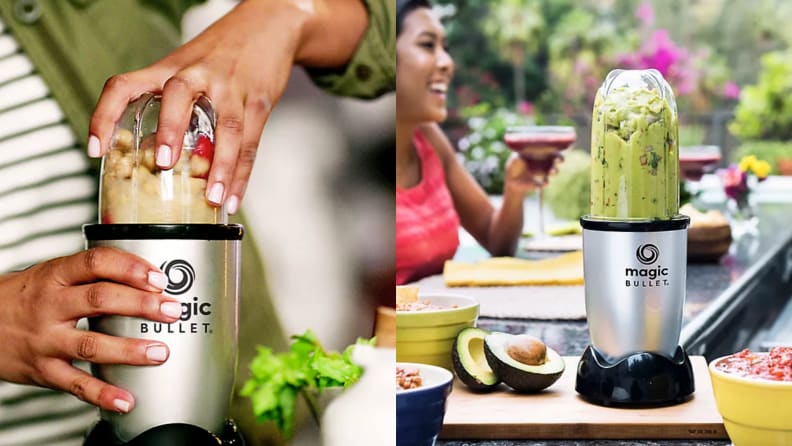 On left hand using Magic Bullet 11-Piece Personal Blender. On right, Magic Bullet Magic Bullet 11-Piece Personal Blender being used outdoors to make guacamole, next to avocados on cutting board and smiling woman.