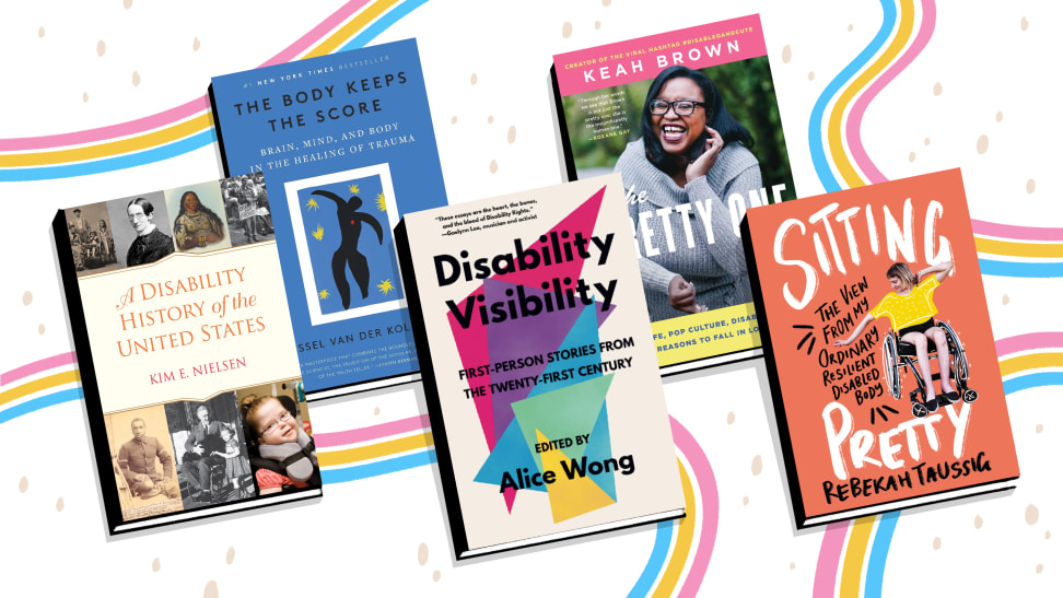 Five books on disability against colorful background