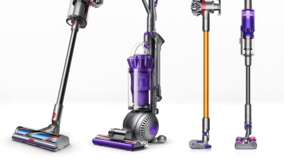 An image of several Dyson vacuums lined up next to one another.
