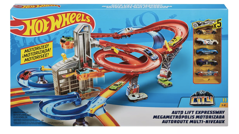 A Hot Wheels track with toy cars