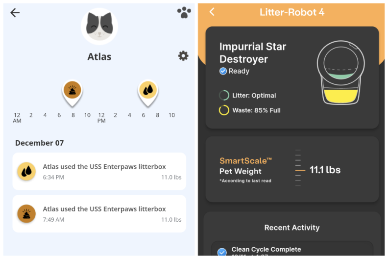 Screenshot of the Petivity app and the LItter-Robot app.