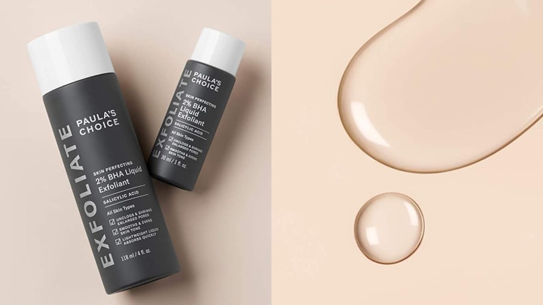 Left: A large and small bottle of Paula's Choice liquid exfoliant. Right: A puddle of clear exfoliant has been squeezed out onto a blank surface.
