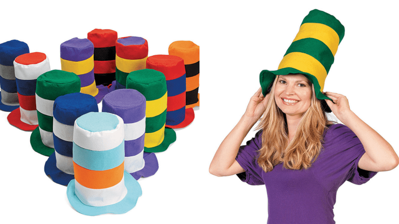 On the left: Striped stovepipe hats. On the right: A woman with a stovepipe hat on her head.