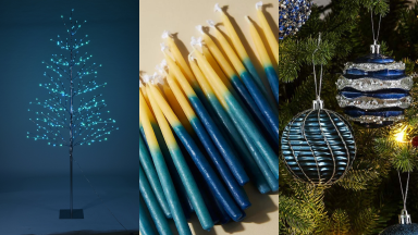 三幅蓝色节日物品的图像-一棵极简主义的圣诞树，光明节蜡烛和装饰品。