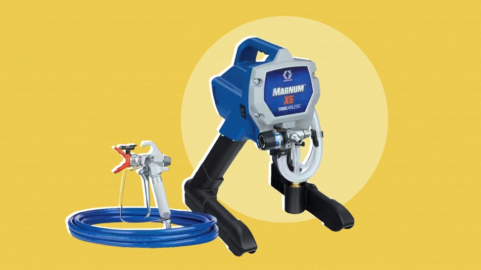 Graco Magnum X5 Airless Paint Sprayer on a yellow background.