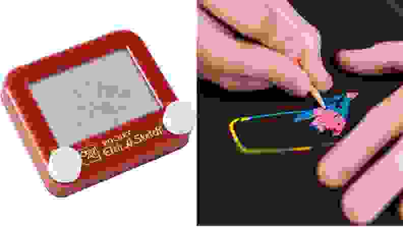 On left, red children's etch-a-sketch game. On right, child drawing on black scrtach pad.