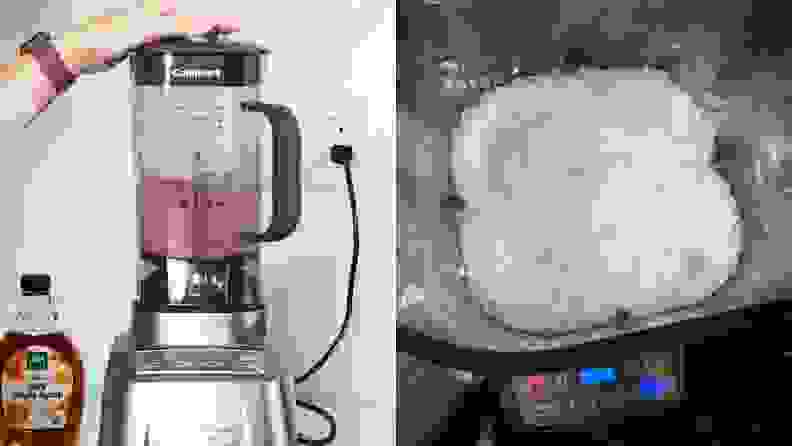 Left: person blending smoothie in Cuisinart blender. Right: blended ice with snow-like texture