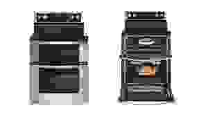 两个双烤箱电炉的剪影图像，一个烤箱门打开(右)和另一个关闭(左)。