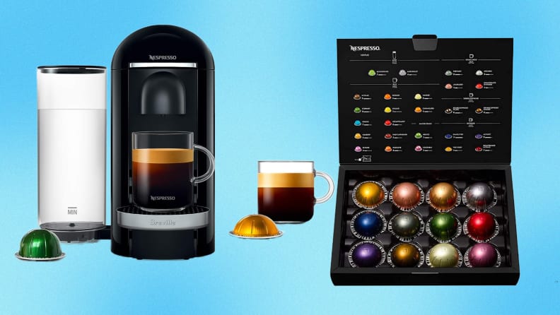 Black espresso machine with cup of coffee being brewed under dispenser next to cup of coffee and case of insertable pods.