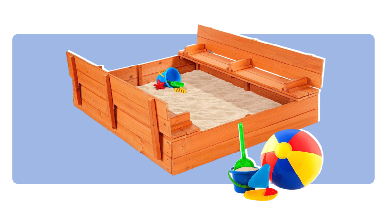 The Best Choice Products Large Wooden Sandbox on a blue background.