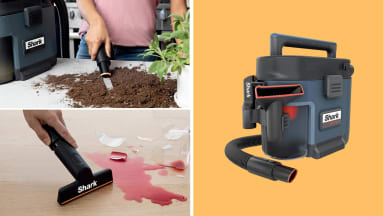 The Shark Mess Master vacuum being used in various spots next to the Shark Mess Master vacuum in front of a colored background.