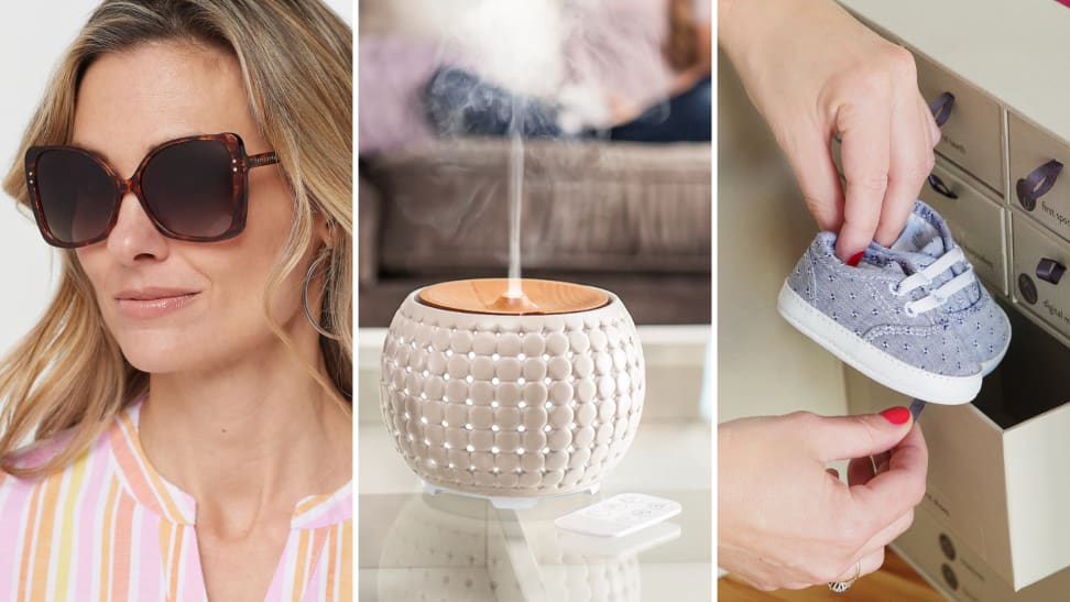 (left) a woman wears a pair of tortoiseshell sunglasses. (center) a room diffuser goes to work in a living room. (right) a person puts away baby shoes into a keepsake box.