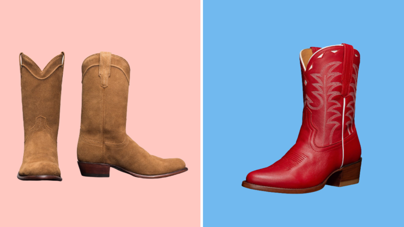 A pair of suede cowboy boots on the left, and a single red leather cowboy boot on the right.