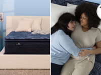 A collage with a Serta mattress and two woman on a Serta mattress.