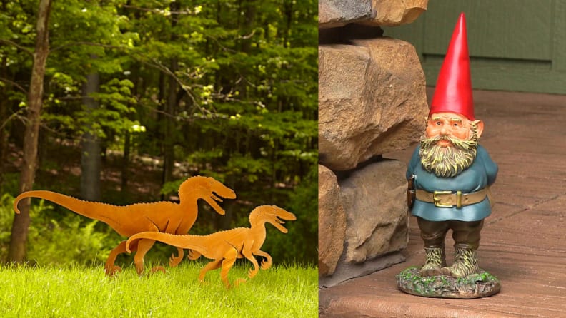 garden gnome and velociraptor garden sculpture set
