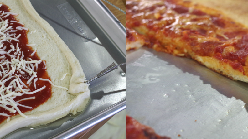 Left: Pizza dough on a baking sheet, spread with sauce, and a probe thermometer inserted in the dough. Right: Baked pizza with a slice removed.