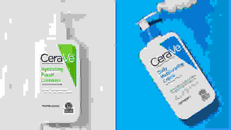 On the left: A pump bottle of cleanser. On the right: A pump bottle of moisturizer on a blue background.