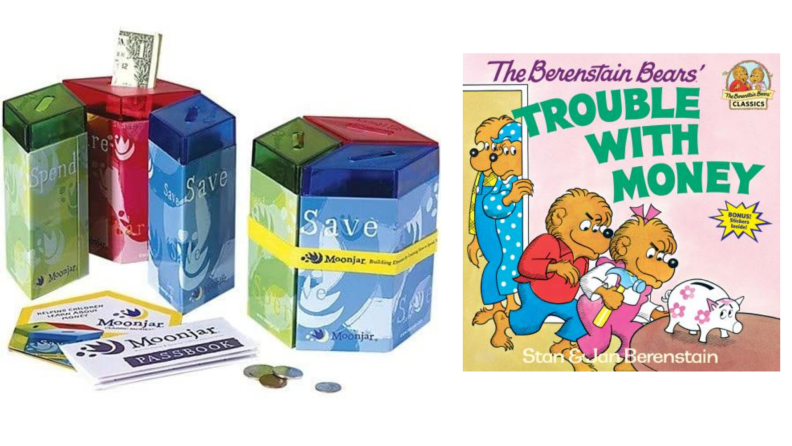 A financial literacy Moonjar game and a copy of the Berenstain Bears' Trouble With Money.