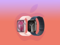 The Apple Watch Series 9, one in pink and one in black, over a multicolored background with the Apple logo.