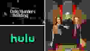 A series of graphics from the TV show "Only Murders in the Building" near the Hulu logo.