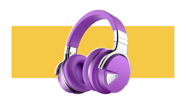 Purple and silver Silensys headphones against a yellow background