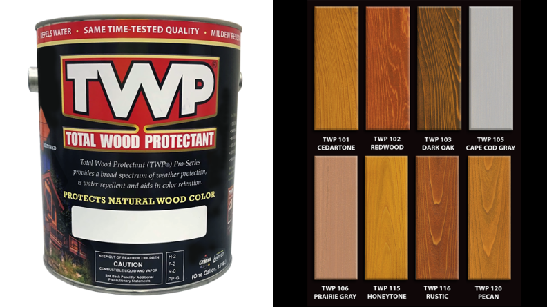 Left: A 1-gallon bucket of TWP 100 Pro Series; Right: Eight sample chips of wood painted with different stain colors