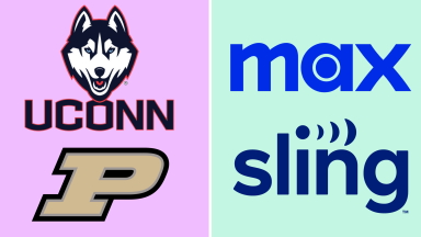 A collage with the UConn and Purdue logos next to the Max and FuboTV logos.