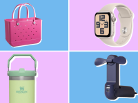 A collection of items on sale at Amazon displayed in front of colored backgrounds.