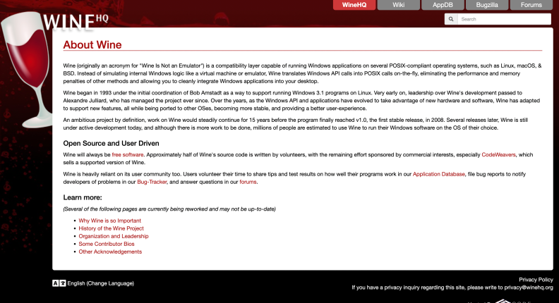 The Wine software website's 'about' section.