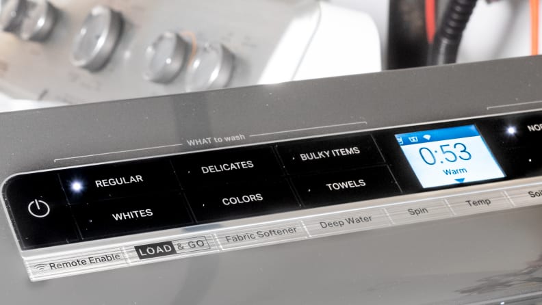 A close-up of the Whirlpool WTW7120HC's control panel.