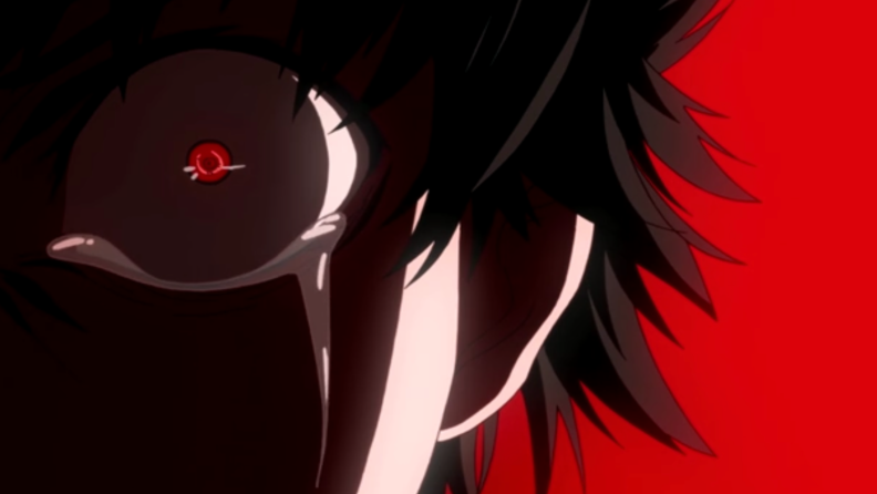 A still from Tokyo Ghoul featuring Kaneki with his ghoul eye in close up, on a red background.