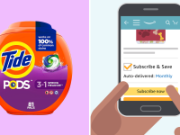 A colorful collage with Tide Pods and an Amazon Subscribe & Save graphic.