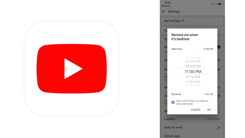 youtube icon and screenshot of bedtime reminder settings