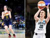 A collage with Caitlin Clark and Sabrina Ionescu playing basketball.