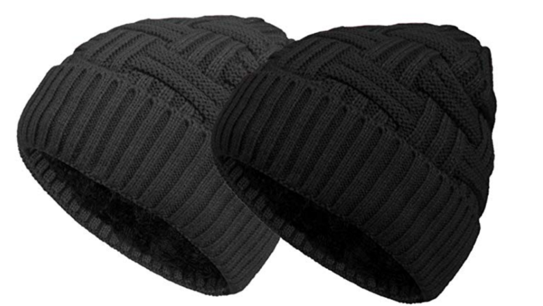 Image of two knitted caps, a gray one and a black one.