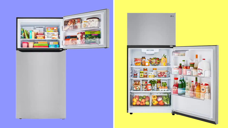 Product shot of the LG LHTNS2403S refrigerator with both the top freezer and bottom refrigerator door open to display food inside.