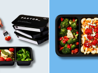 Image of Factor meals in black ready-to-heat containers, featuring broccoli, pasta, and cherry tomatoes.
