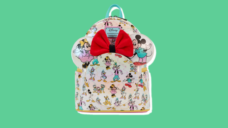 A backpack with an all-over Disney character print.
