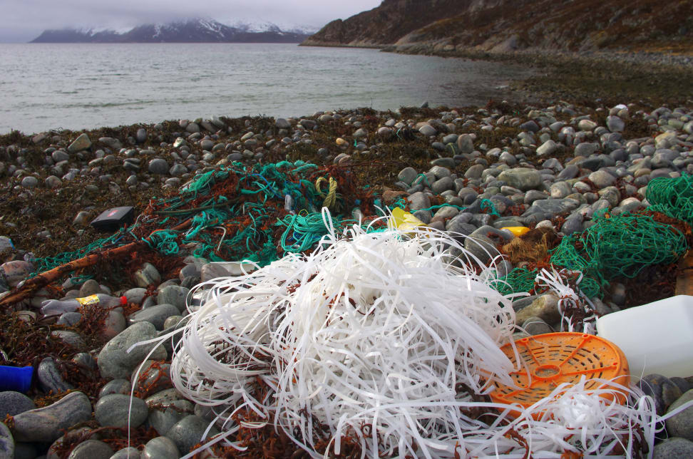 Trash on a rocky beach