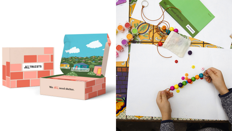 On the left: an Alltruists box. On the right: A child's hands making a craft with beads