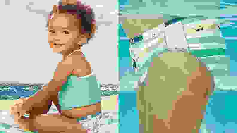 A side-by-side of two children wearing pampers splashers.