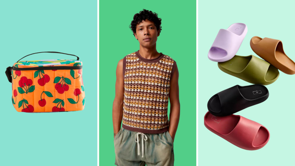 An image of Urban Outfitters' products for summer including a Baggu cooler in cherry print, a brown and yellow open-weave sweater vest, and several pairs of slide sandals.